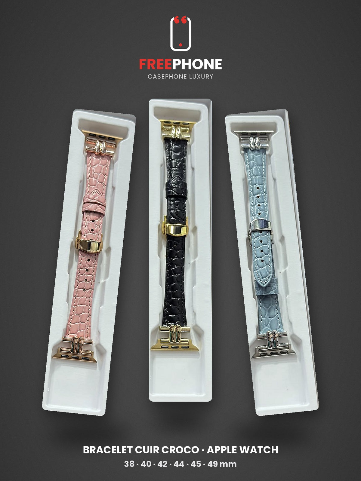 Bracelet Apple Watch Cuir Croco – Rose, Noir, Bleu Ciel
