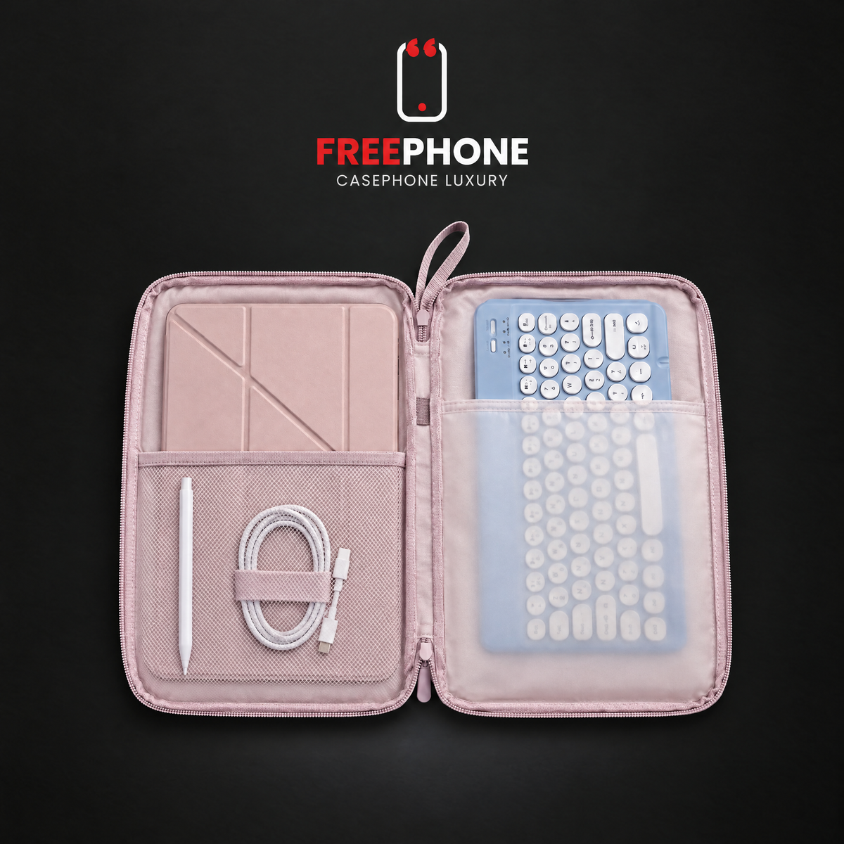 Housse ouverte avec iPad, clavier et stylet