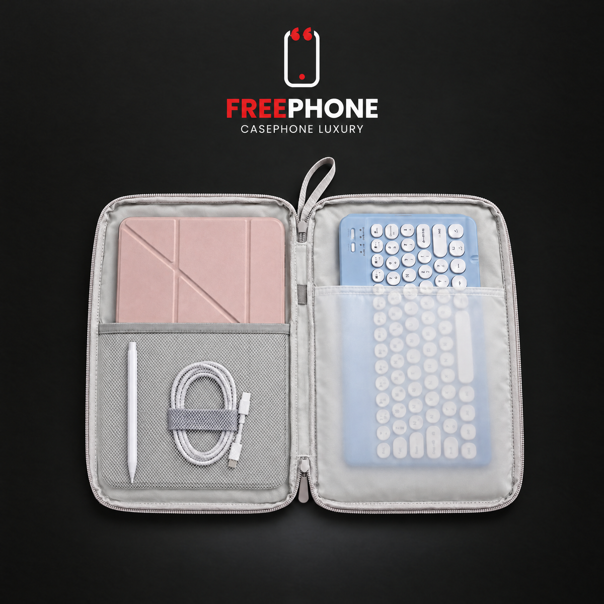 Housse ouverte avec iPad, clavier et stylet