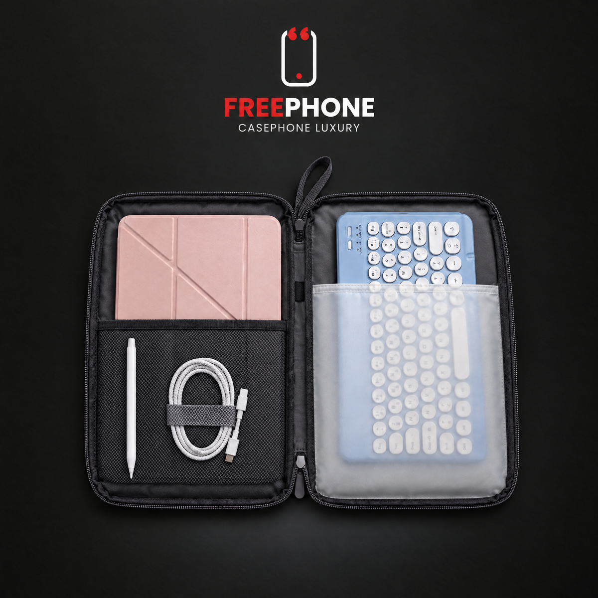 Housse ouverte avec iPad, clavier et stylet