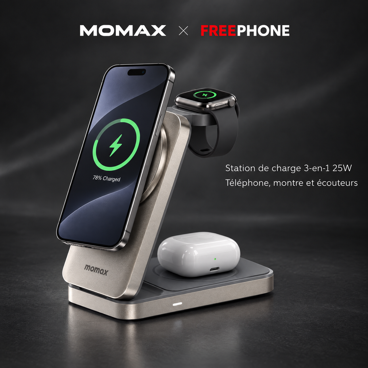 MOMAX 1-Charge Q.Port² Qi2 25W 3-in-1 Magnetic Wireless Charging Stand