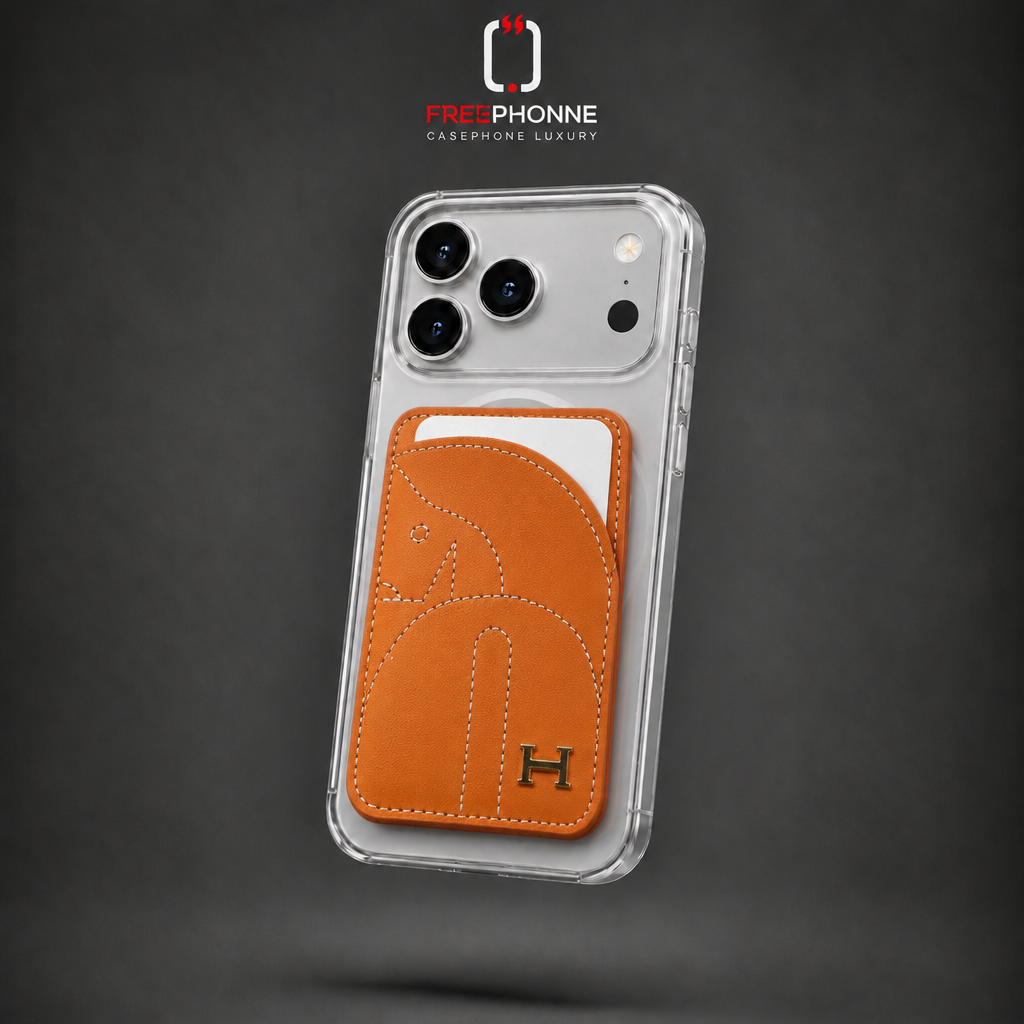Wallet cuir cheval orange sur iPhone 17 Pro Max