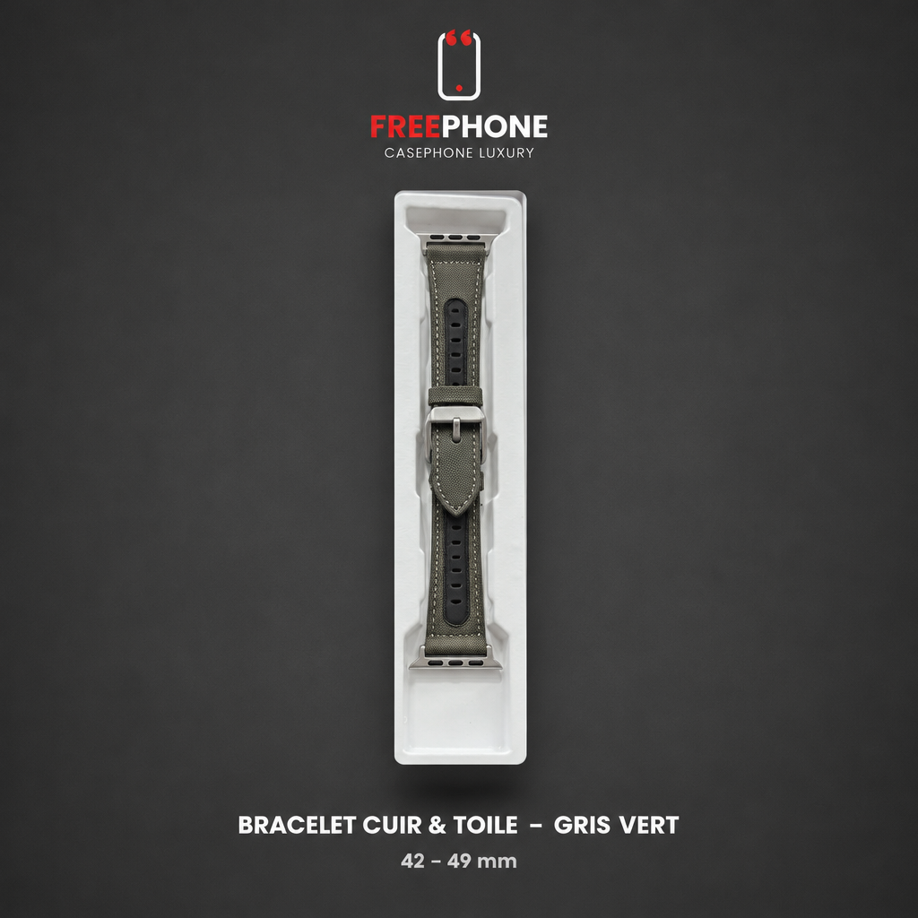 Bracelet Cuir & Toile – Gris Vert